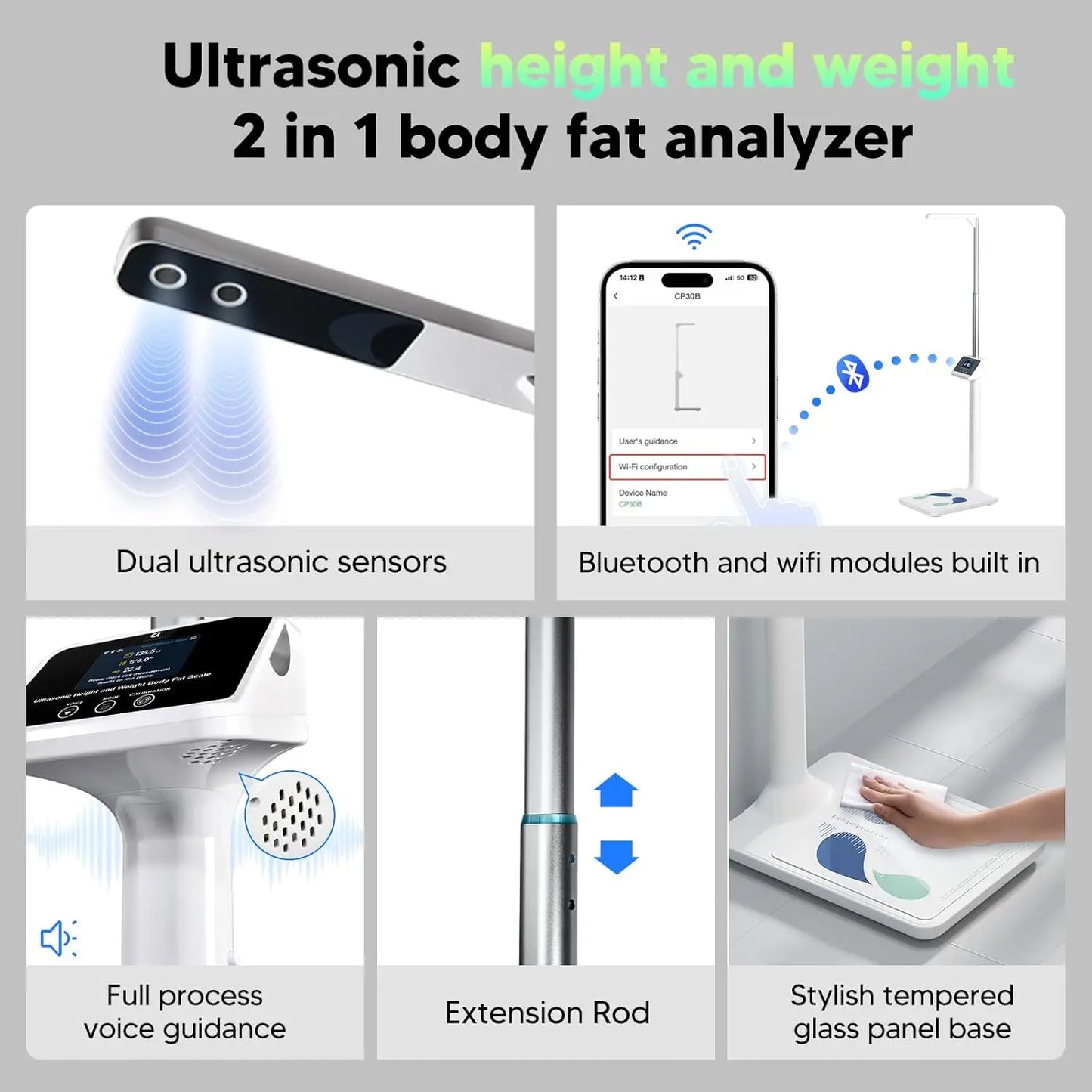 Digital Ultrasonic Height and Weight Scale, Smart Body Composition Analyzer for Home Gym, 11-485lb Capacity