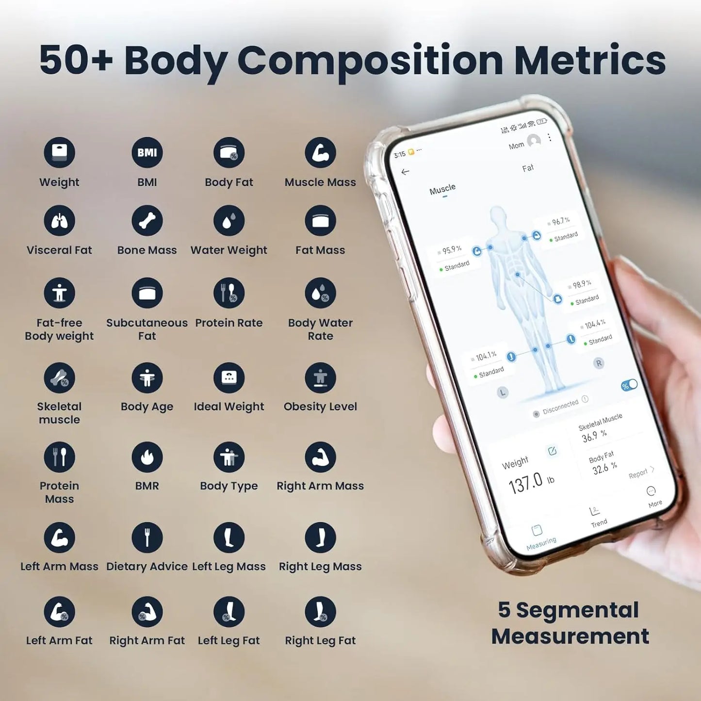 Smart Bathroom Scale with BMI Body Fat Muscle Mass Analysis, High Precision Digital Weight Scale Rechargeable up to 400 lbs