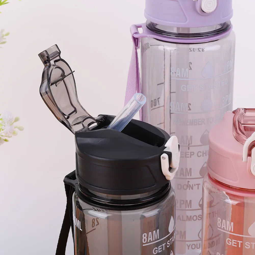800ml Sports Water Bottle with Straw & Handle Gym Fitness Jug Leakproof Motivational Drinking Bottle for Outdoor Sports