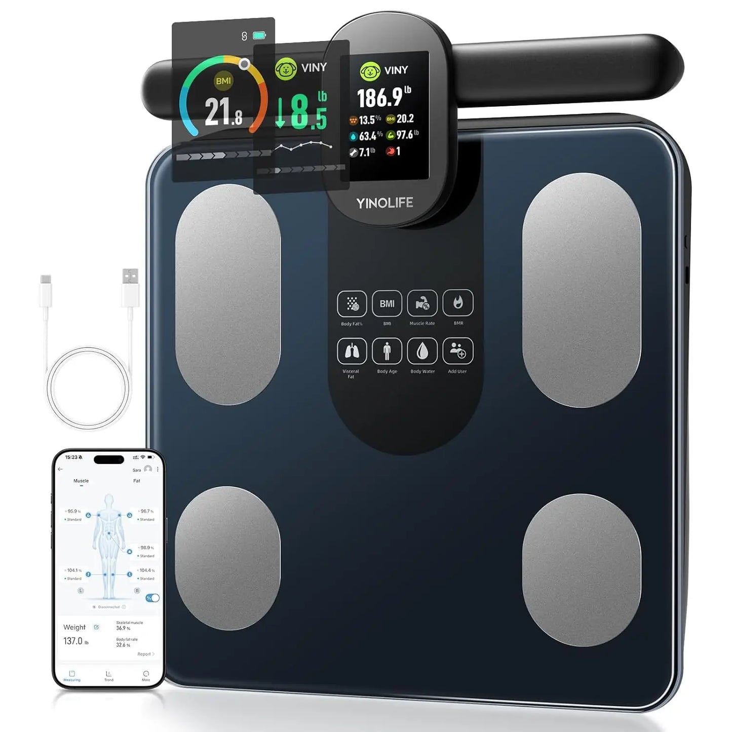 Smart Bathroom Scale with BMI Body Fat Muscle Mass Analysis, High Precision Digital Weight Scale Rechargeable up to 400 lbs