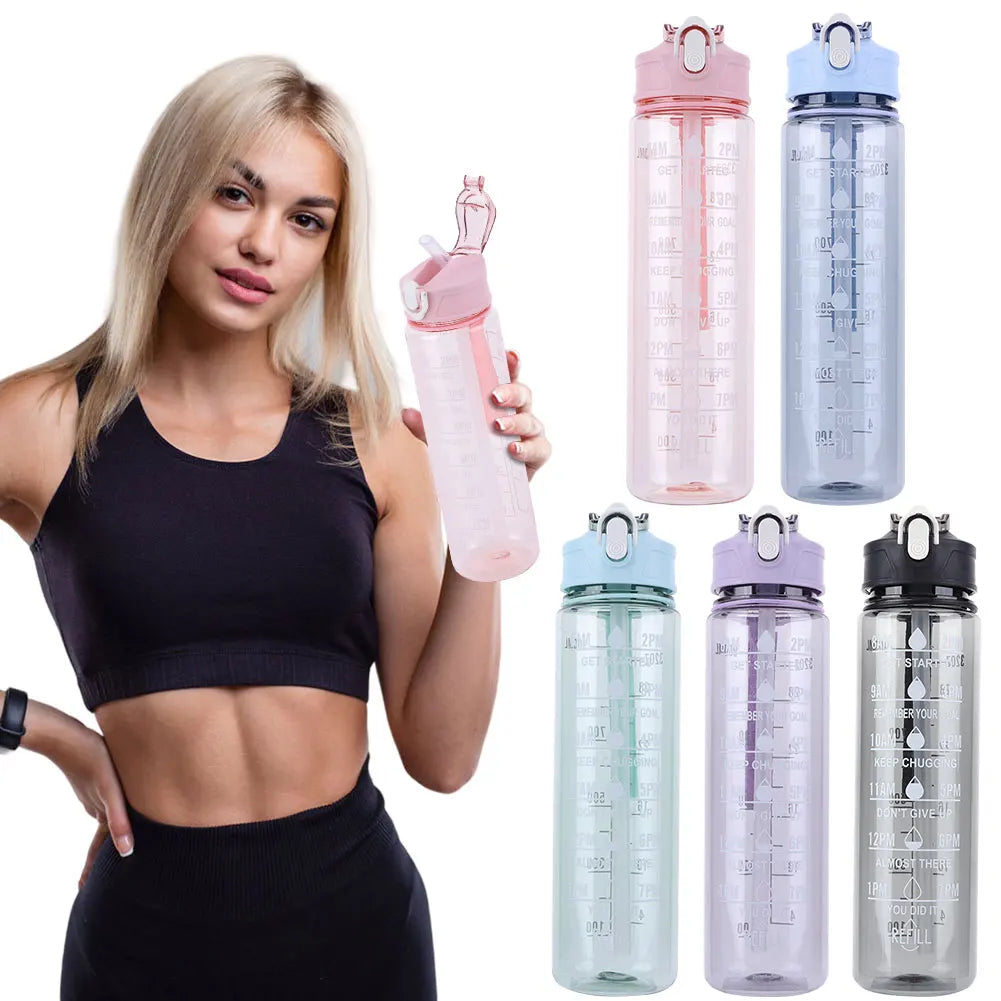 800ml Sports Water Bottle with Straw & Handle Gym Fitness Jug Leakproof Motivational Drinking Bottle for Outdoor Sports