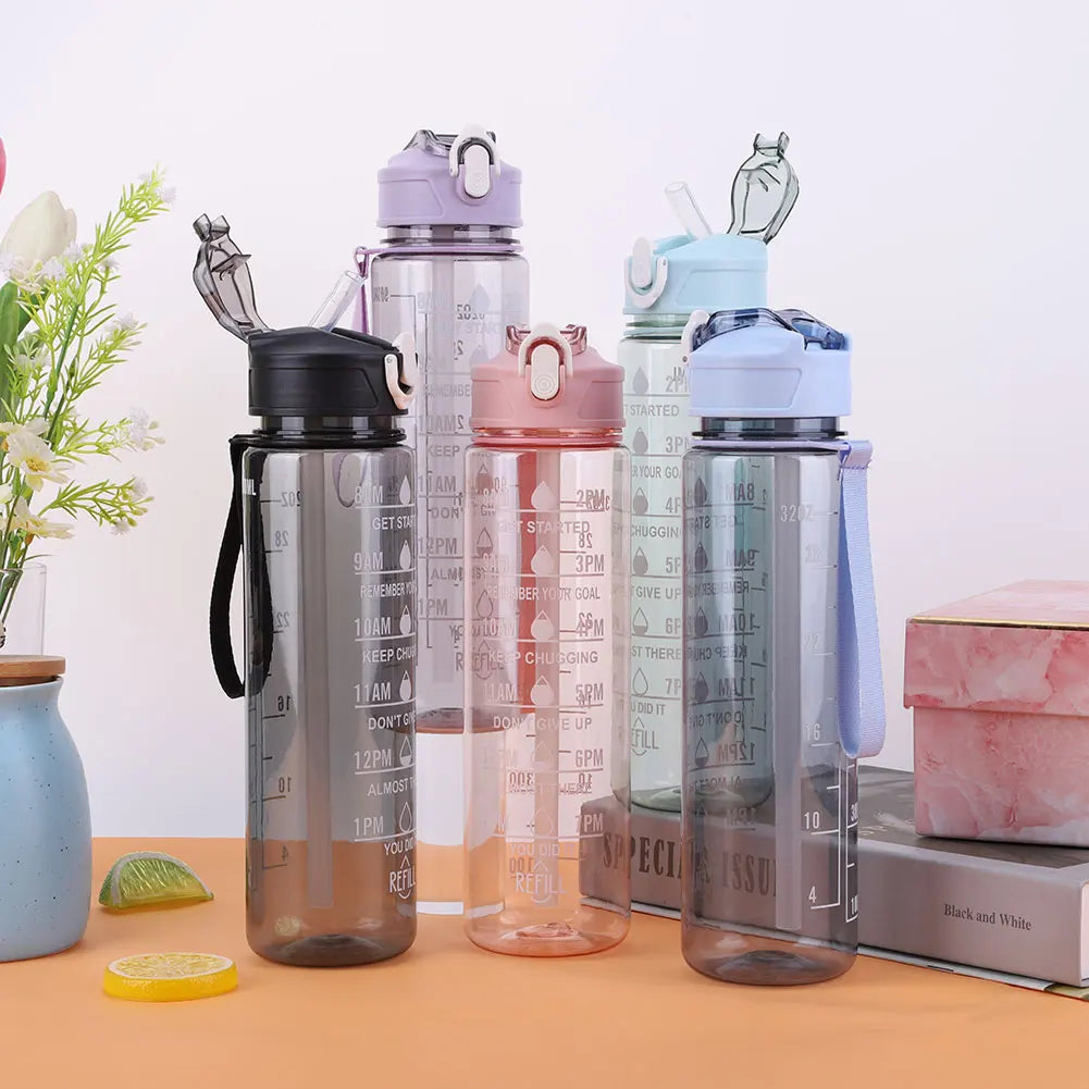 800ml Sports Water Bottle with Straw & Handle Gym Fitness Jug Leakproof Motivational Drinking Bottle for Outdoor Sports
