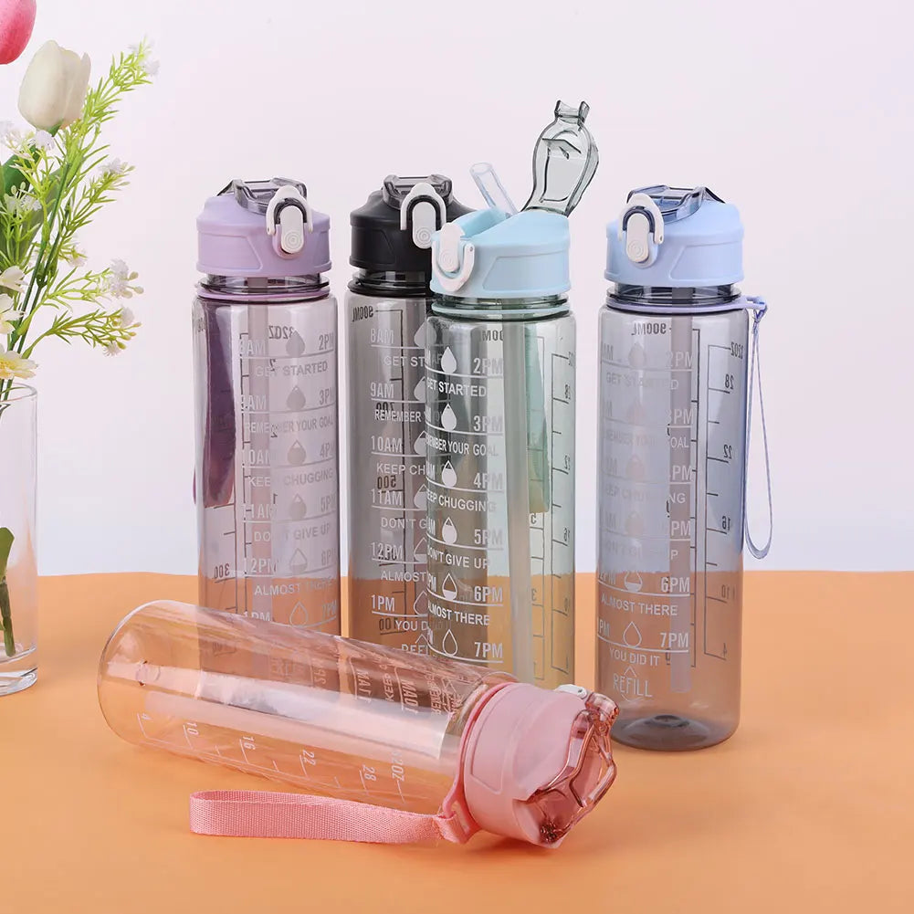 800ml Sports Water Bottle with Straw & Handle Gym Fitness Jug Leakproof Motivational Drinking Bottle for Outdoor Sports